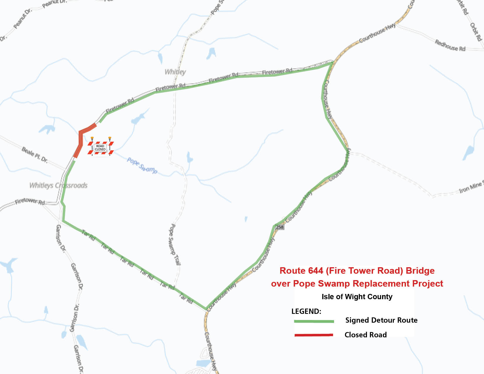 Map of detour route for Route 644 during bridge replacement work.