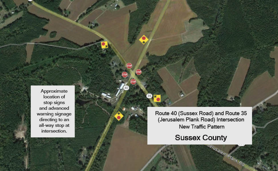  Intersection of Route 40 (Sussex Drive) and Route 35 (Jerusalem Plank Road) in Sussex County impacted during new traffic pattern. 