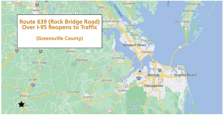 Map view showing location of Route 639 (Rock Bridge Road) over I-95 in Greensville County. 